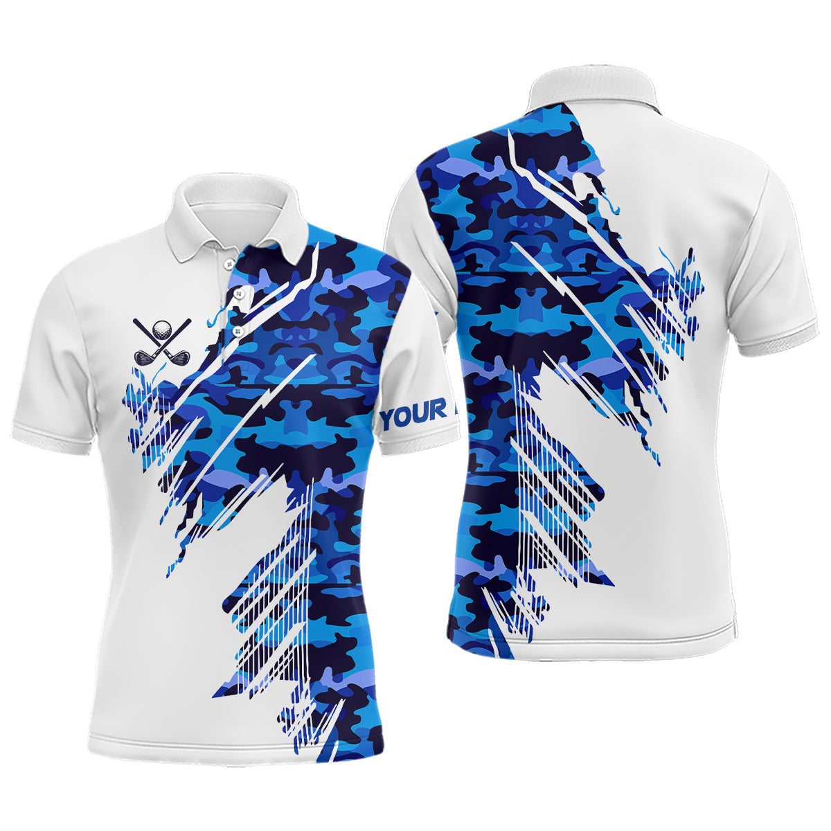 Blisscorners Personalized Mens golf polo shirts custom white and blue camo mens golf apparel, golfing gifts LM1506