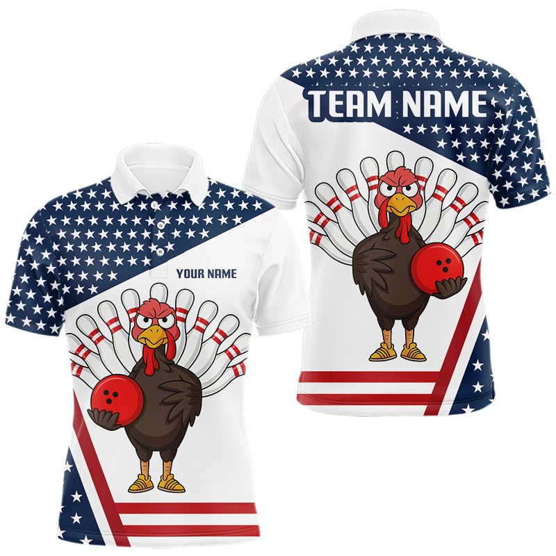Blisscorners American Flag Funny Turkey Bowling Polo, 1/4 Zip shirts for Men custom patriotic bowling team jersey