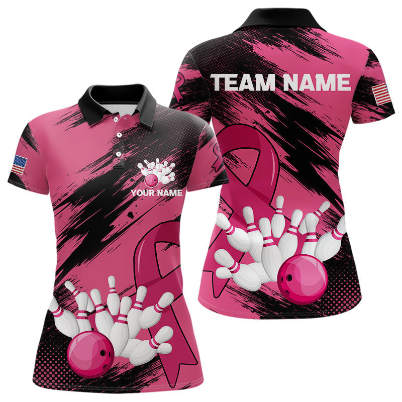 Blisscorners Black and Pink ribbon Bowling shirts for Men Custom breast cancer American flag bowling team jersey MT2306
