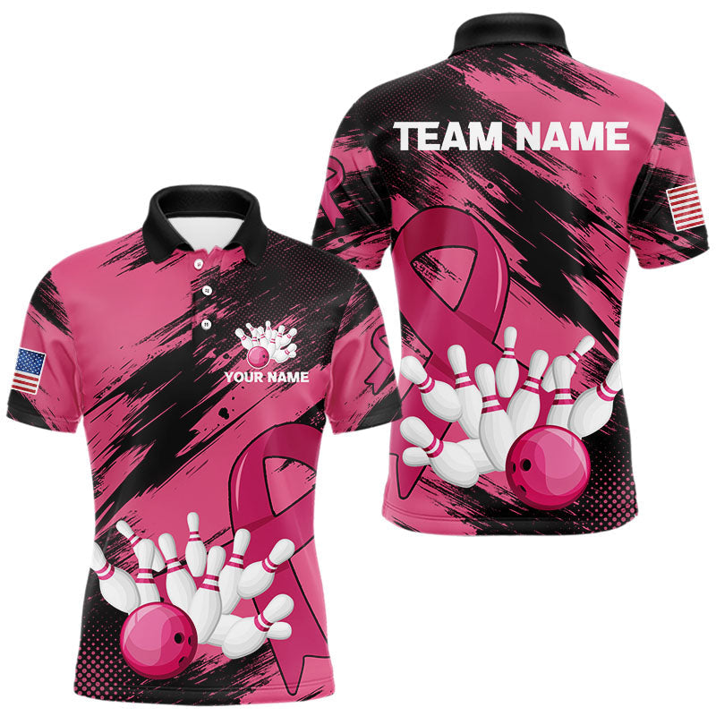 Blisscorners Black and Pink ribbon Bowling shirts for Men Custom breast cancer American flag bowling team jersey MT2306