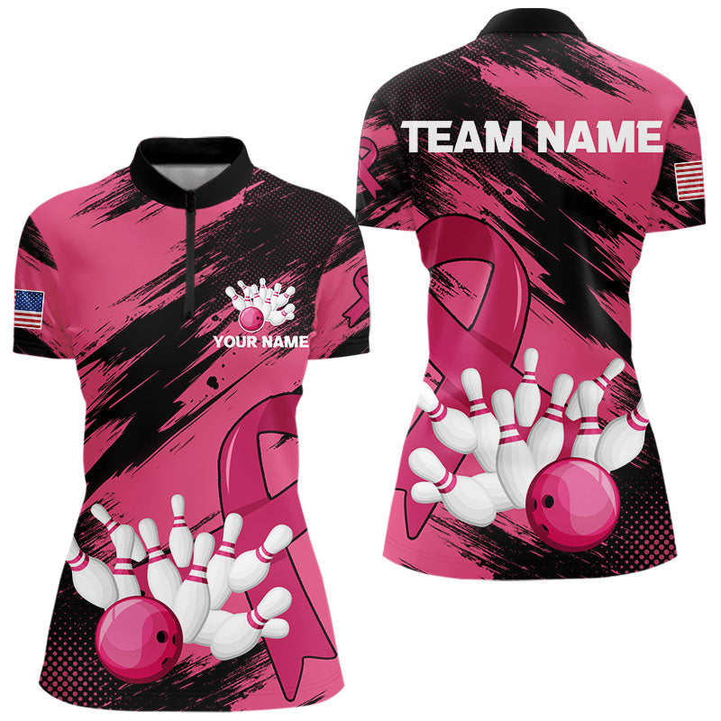 Blisscorners Black and Pink ribbon Bowling shirts for Men Custom breast cancer American flag bowling team jersey MT2306