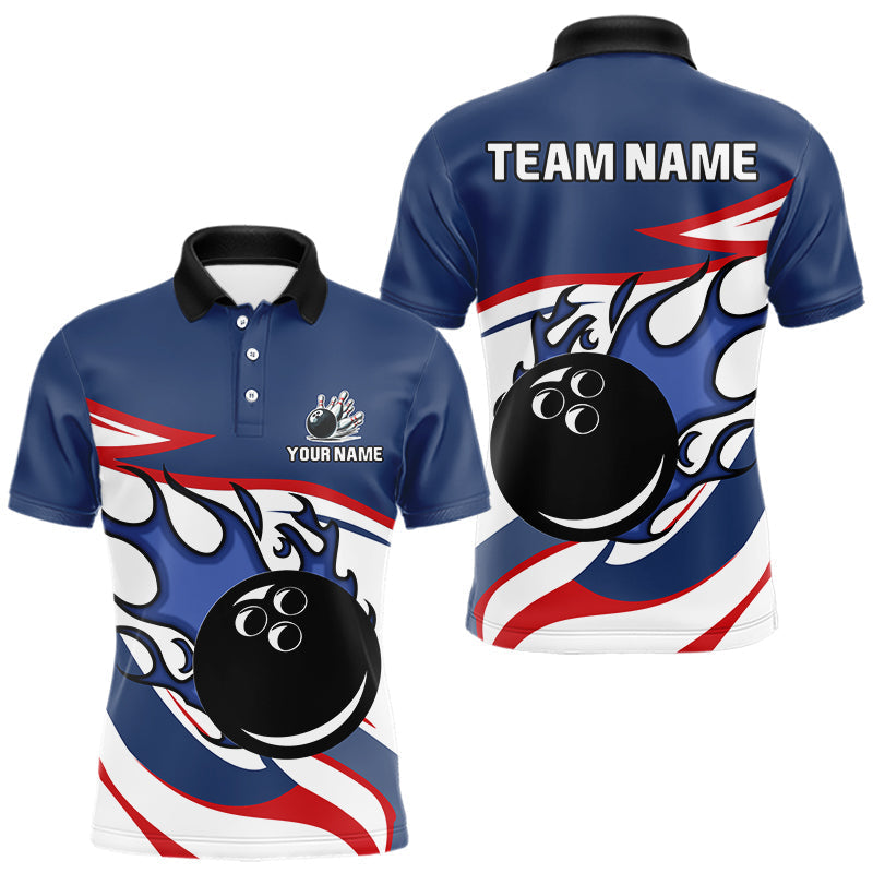 Blisscorners Red, White and Blue Flame bowling ball polo, 1/4 zip shirts for Men Custom patriotic Bowling Outfit