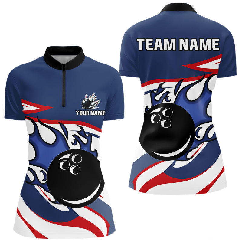 Blisscorners Red, White and Blue Flame bowling ball polo, 1/4 zip shirts for Men Custom patriotic Bowling Outfit
