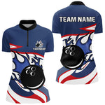 Blisscorners Red, White and Blue Flame bowling ball polo, 1/4 zip shirts for Men Custom patriotic Bowling Outfit
