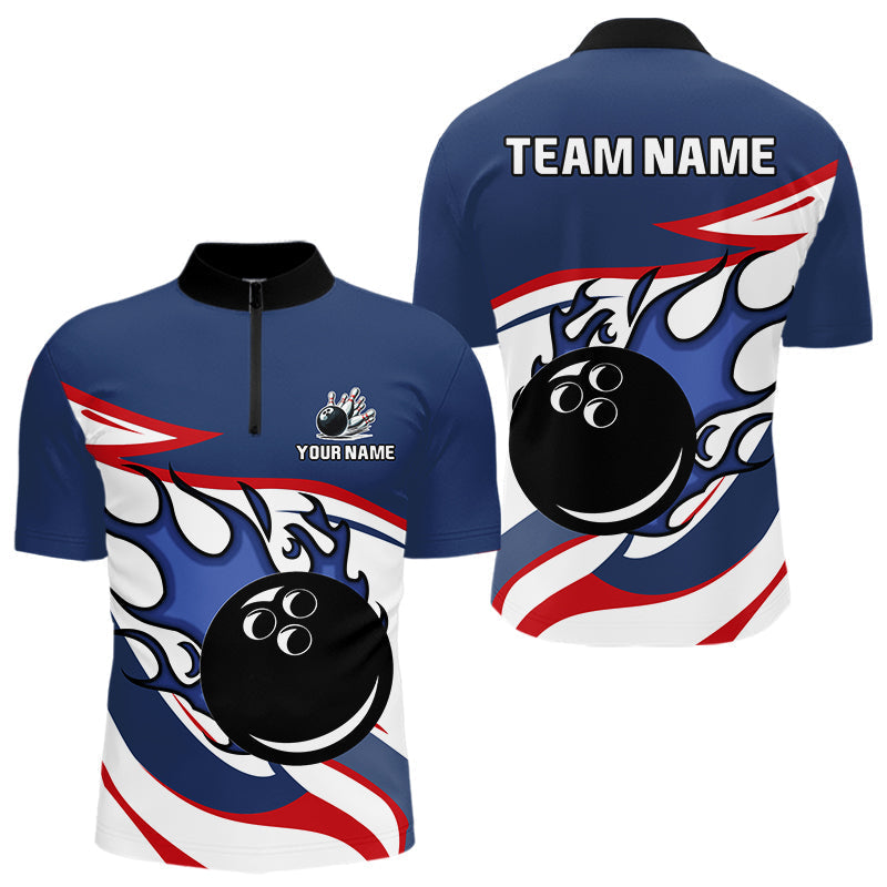Blisscorners Red, White and Blue Flame bowling ball polo, 1/4 zip shirts for Men Custom patriotic Bowling Outfit