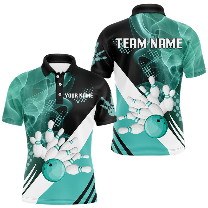 Blisscorners Mens bowling polo, 1/4 zip shirts Custom cyan blue smoke bowling team jerseys, gift for Bowlers