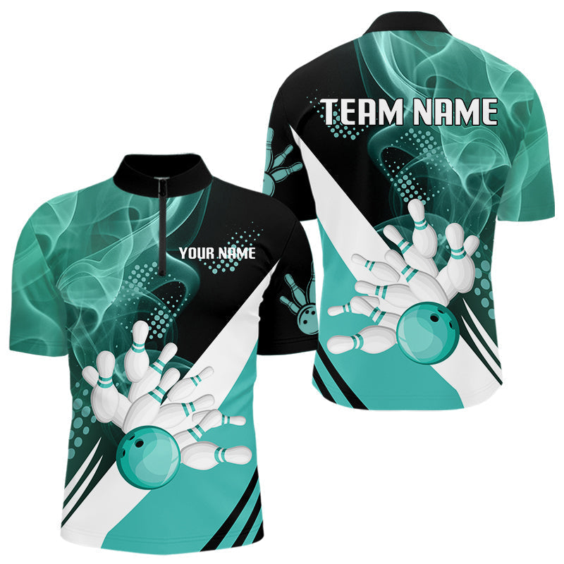 Blisscorners Mens bowling polo, 1/4 zip shirts Custom cyan blue smoke bowling team jerseys, gift for Bowlers