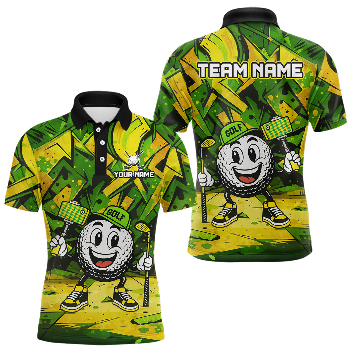 Blisscorners Green and Yellow camo funny golf ball Mens golf polo shirts custom team golf outfits for menLM3006