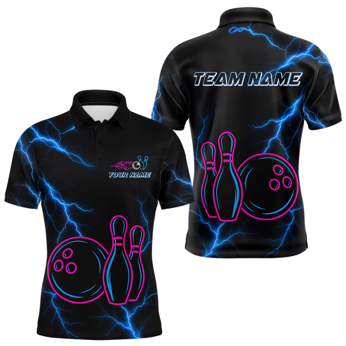 Blisscorners Blue lightning thunder pink neon Bowling Polo, Quarter Zip Shirts For Men Custom Bowling Team Jersey LM3006