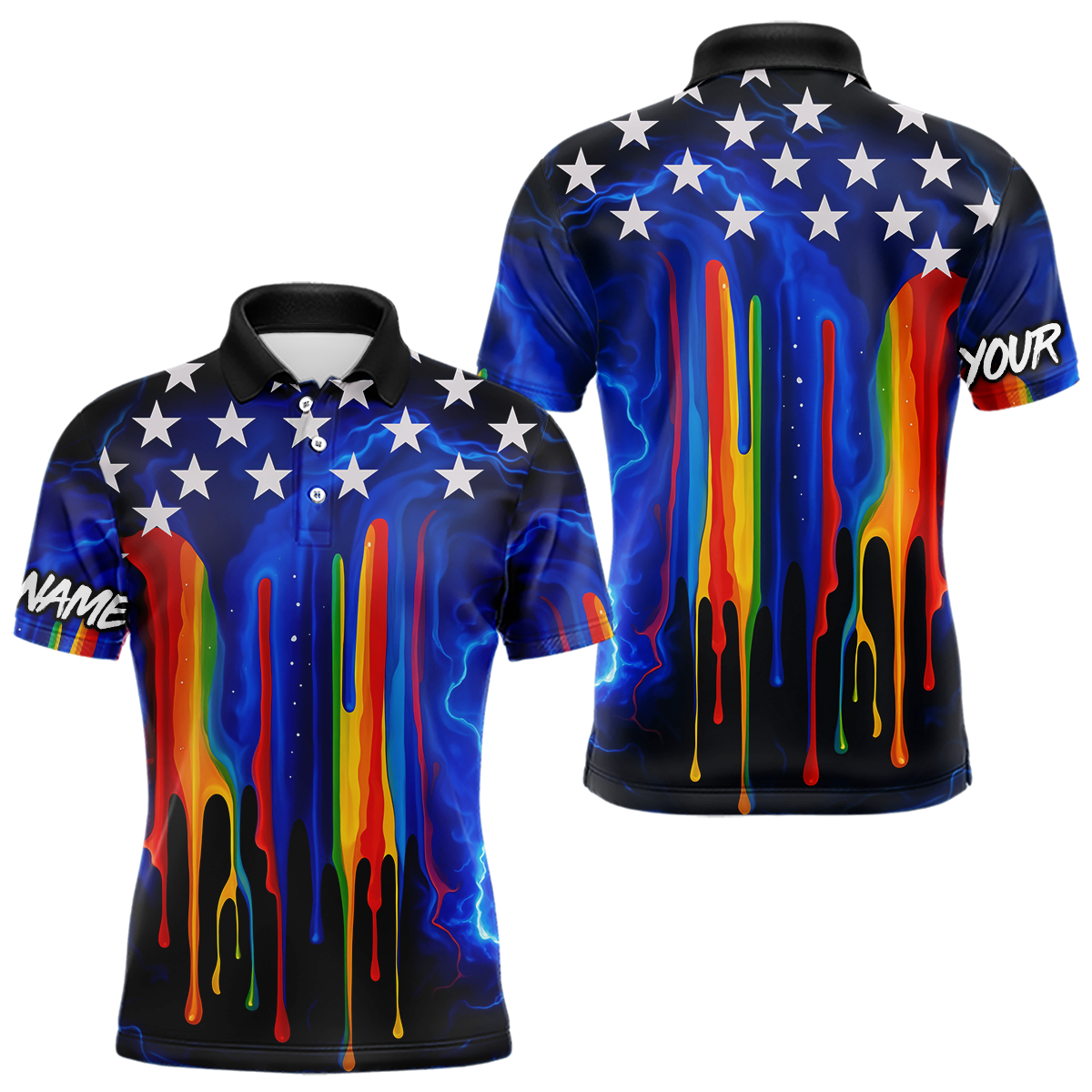 Blisscorners Blue lightning thunder rainbow American Flag Men golf polo shirts Custom patriotic mens golf outfit LM3006