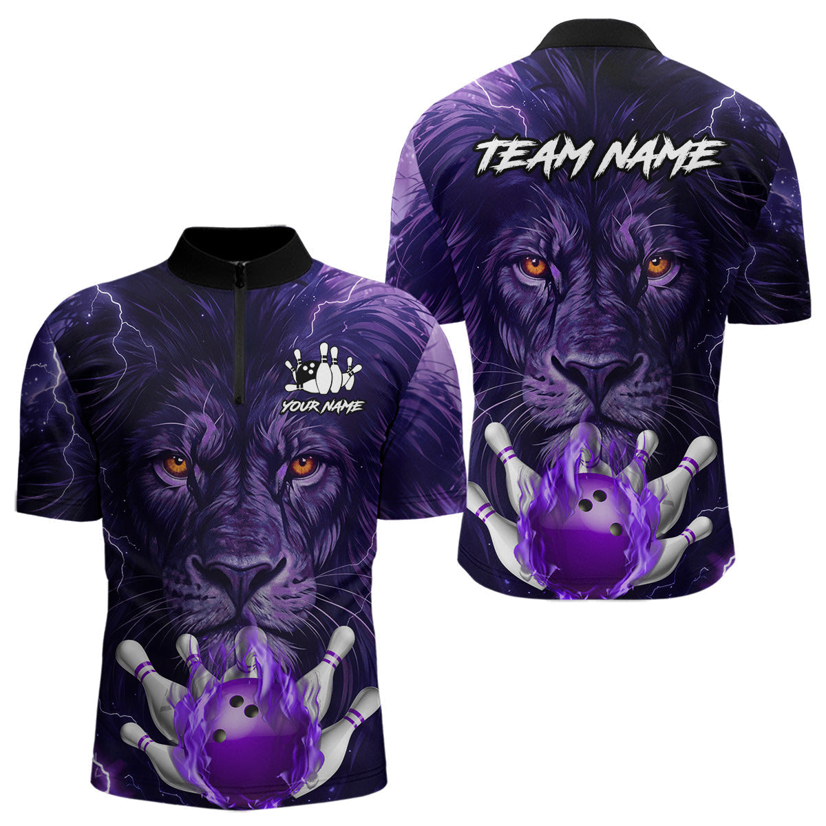 Blisscorners Purple Lightning thunder Flame Lion Bowling Polo, 1/4 Zip shirts for Men Custom bowling team jerseys LM3006