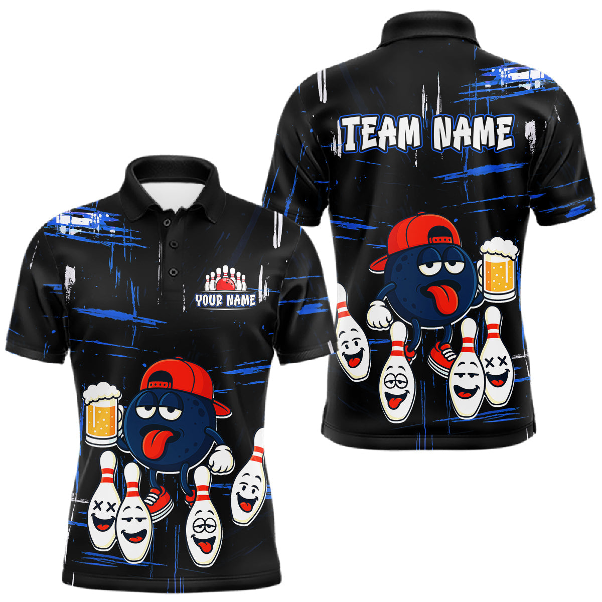 Blisscorners Custom Black And Blue Funny Beer Bowling Men Polo, Quarter Zip Shirts, funny bowling shirts LM1501