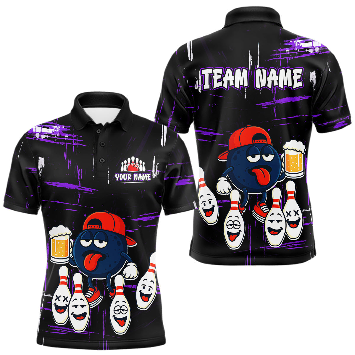 Blisscorners Custom Black And Purple Funny Beer Bowling Men Polo, Quarter Zip Shirts, funny bowling shirts LM1501