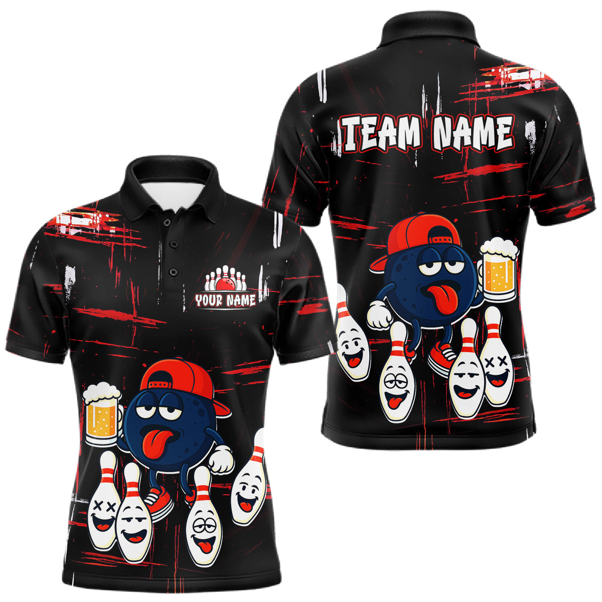 Blisscorners Custom Black And Red Funny Beer Bowling Men Polo, Quarter Zip Shirts, funny bowling shirts LM1501