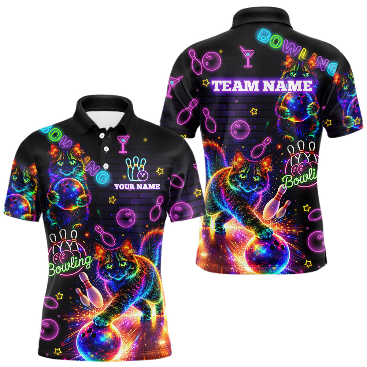 Blisscorners Custom Funny Cat Neon Bowling Jerseys for Men Bowling Outfit Polo & 1/4 Zip Bowling Team Shirts LM2201