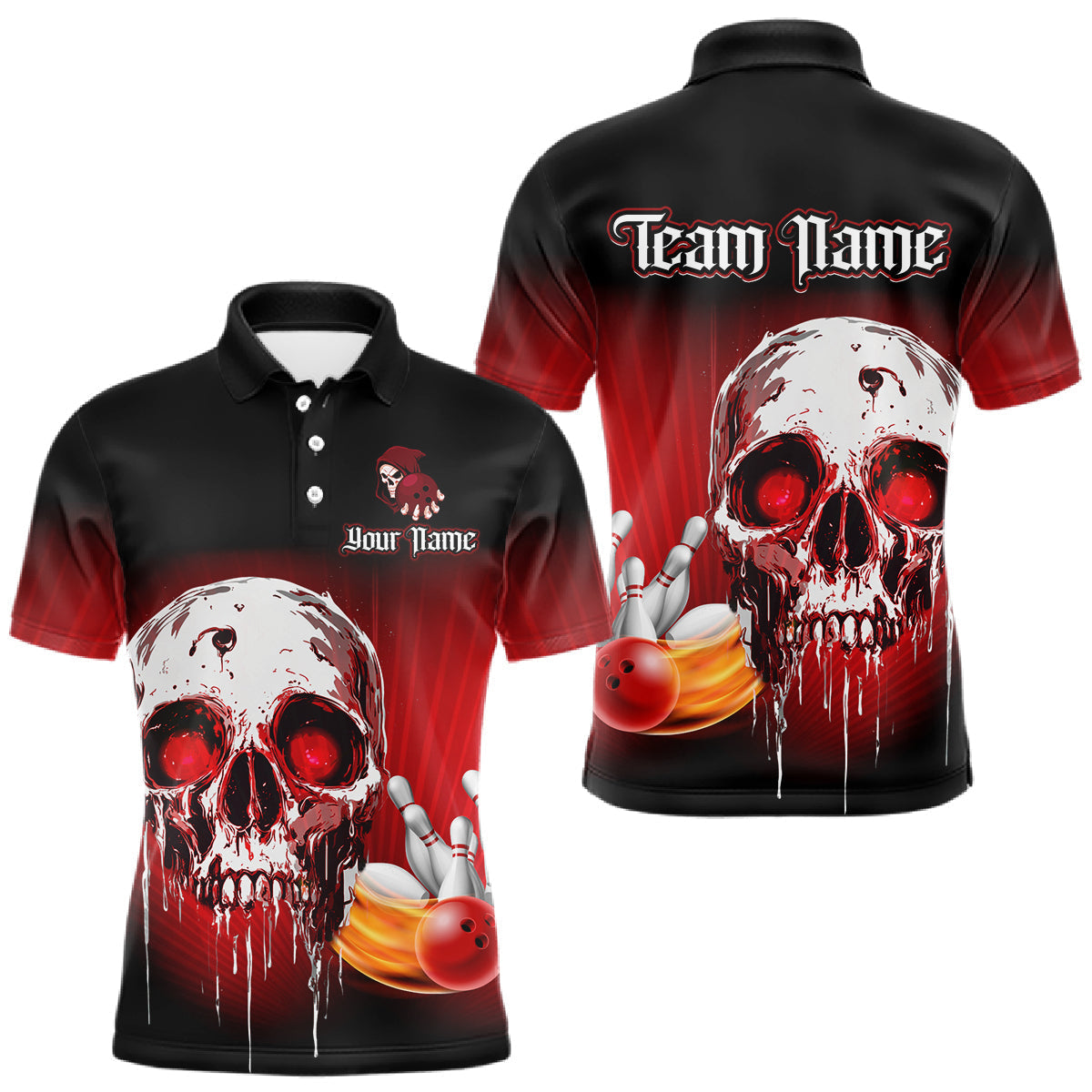 Blisscorners Black and Red Skull Bowling Polo, 1/4 zip shirts for Men Custom team bowling jerseys, Gift for bowler LM1501