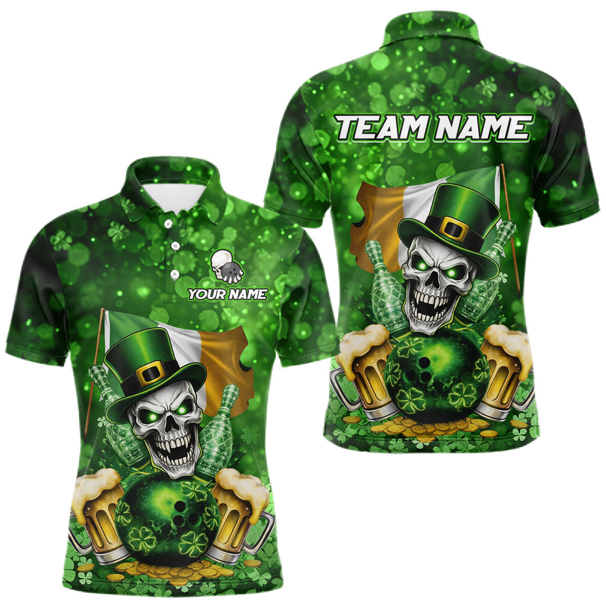 Blisscorners Custom Funny Skull Bowling and Beer Ireland Flag Green St Patrick Team Bowling Jerseys For Men LM1501