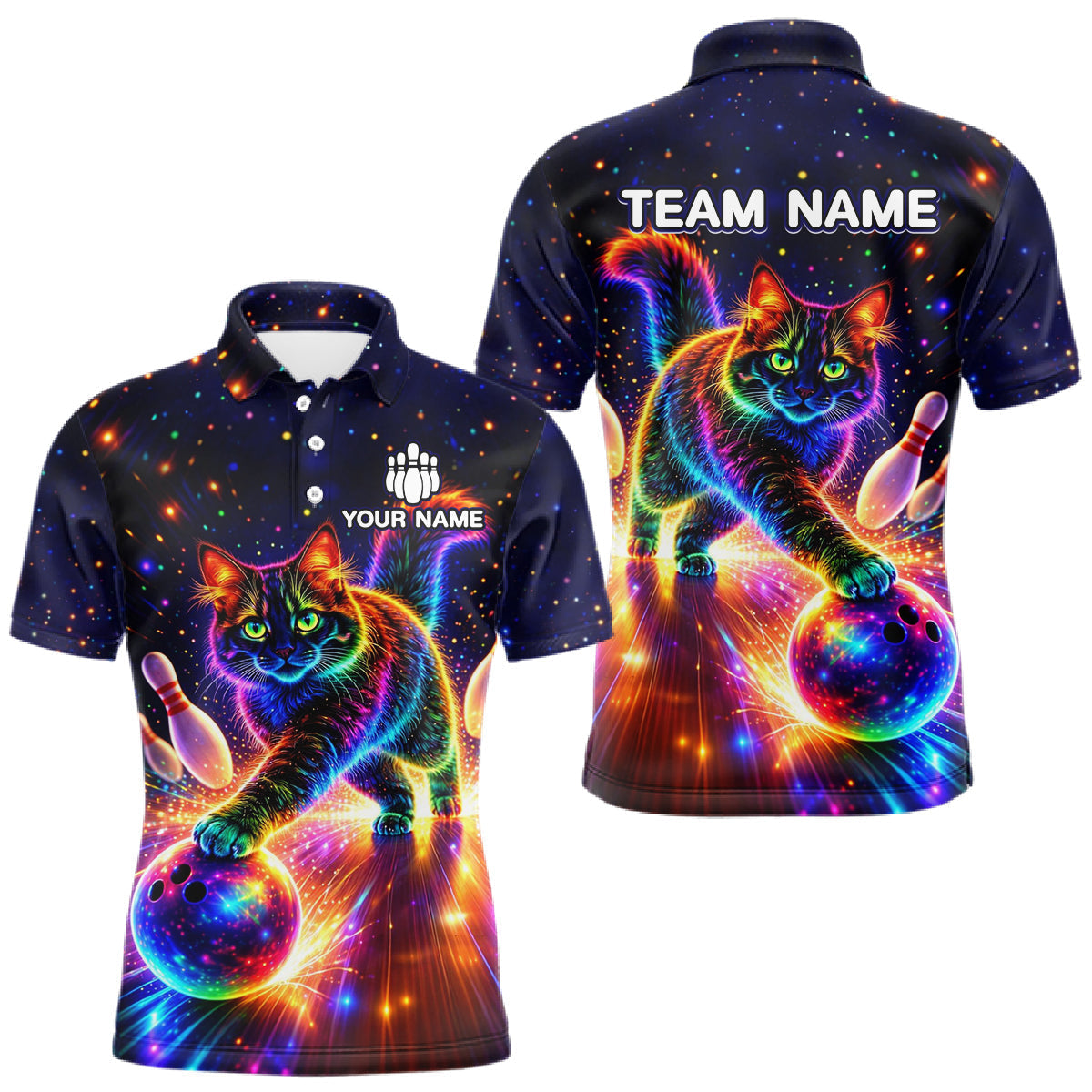 Blisscorners Personalized Bowling Shirts for Men Custom Cat Team Bowling Apparel, Colorful Neon bowling shirts LM2201