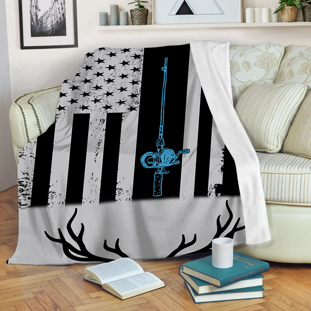 Blisscorners Fishing rod hunting rifle American flag Fleece blanket Hunting Fishing gift ideas