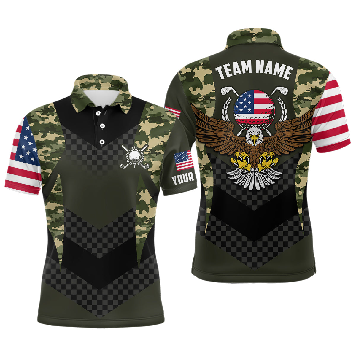 Blisscorners Custom Name American Flag Camo Eagle Golf Polo Shirts, Patriotic Golf Shirts LM1506