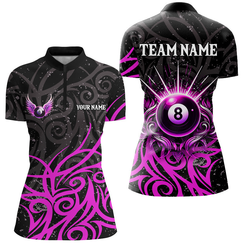 Blisscorners Purple 8 Ball Pool Wings Swirl Pattern Custom Billiard Shirts For Women Unique Billiard Jerseys