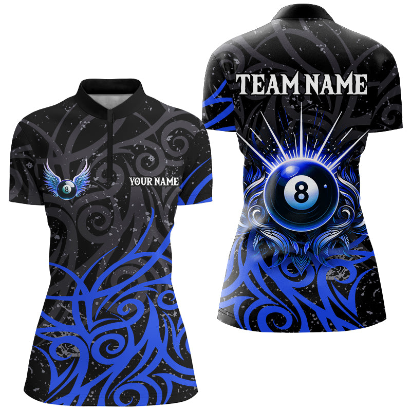 Blisscorners Blue 8 Ball Pool Wings Swirl Pattern Custom Billiard Shirts For Women Unique Billiard Jerseys