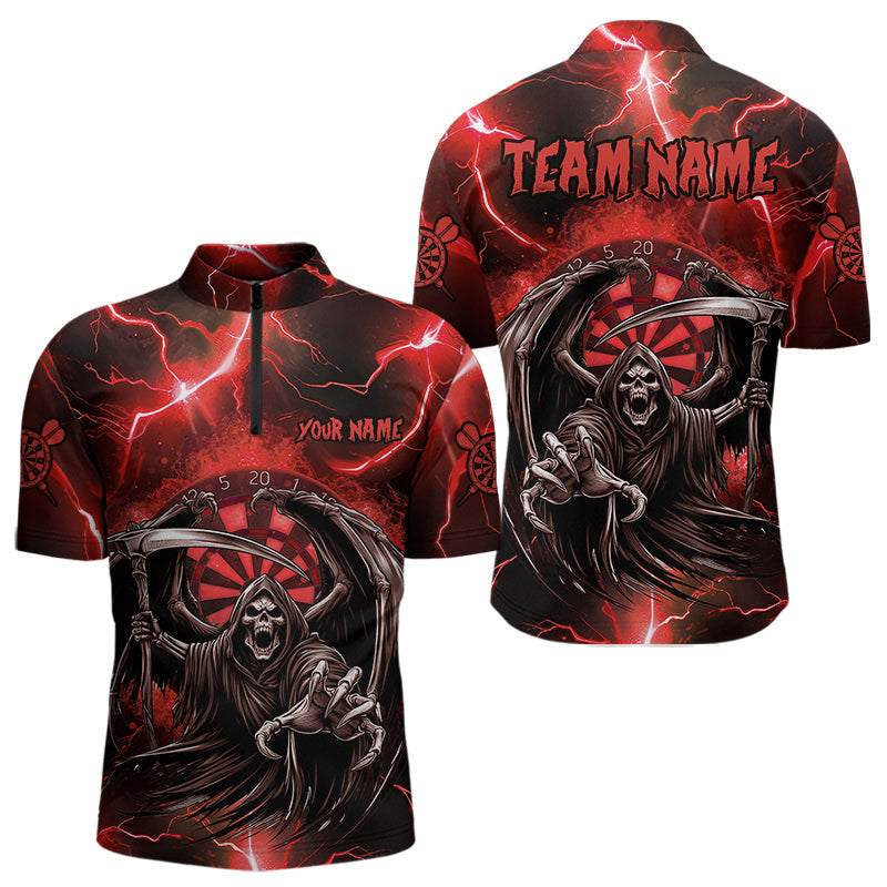 Blisscorners Personalized Red Grim Reaper Custom Thunder Lightning Men Dart Shirts, 3D Darts Team Jerseys
