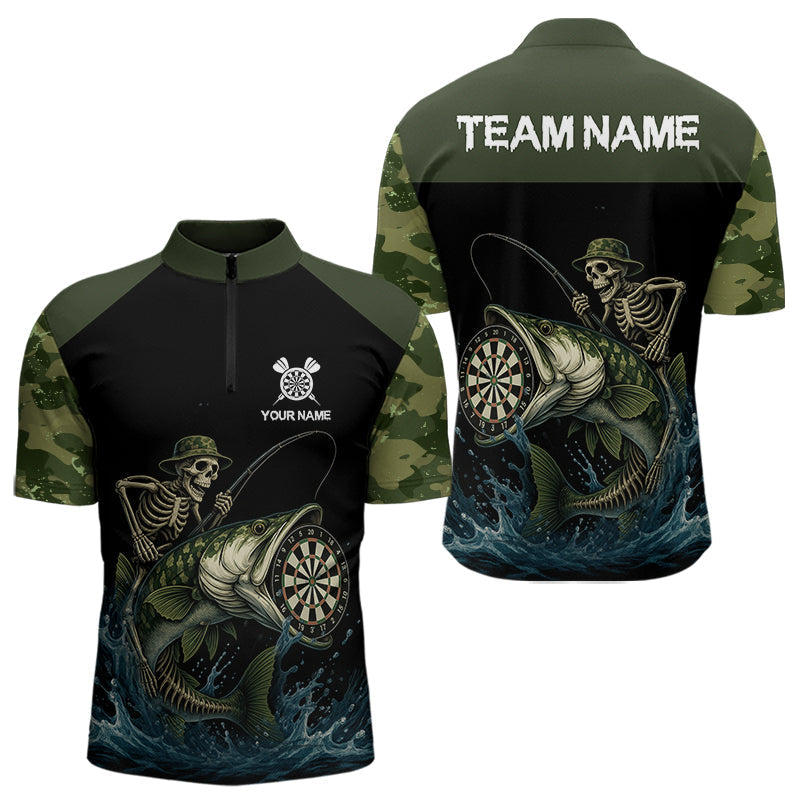 Blisscorners Funny Green Camo Skeleton Fishing Dart Shirt With Pocket Custom Men'sJersey