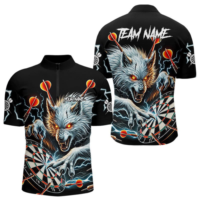 Blisscorners Personalized Wolf Thunder Lightning Darts Polo, Quarter Zip Custom Dart Shirts For Men Darts Jersey