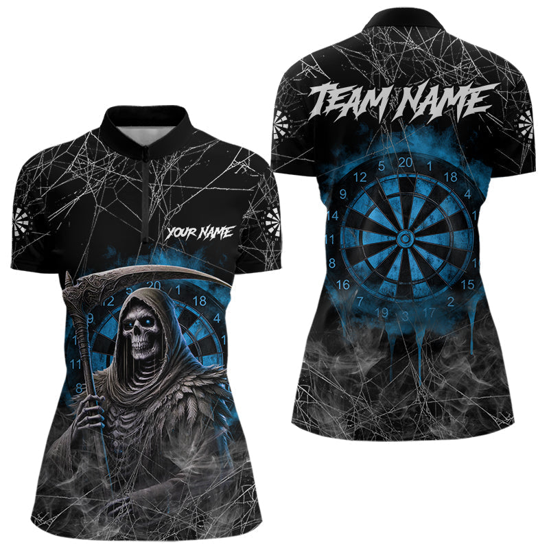 Blisscorners Black And Blue Grim Reaper Smoke Funny Dart Shirts For Men Custom Dart Jerseys, Darts Clothing