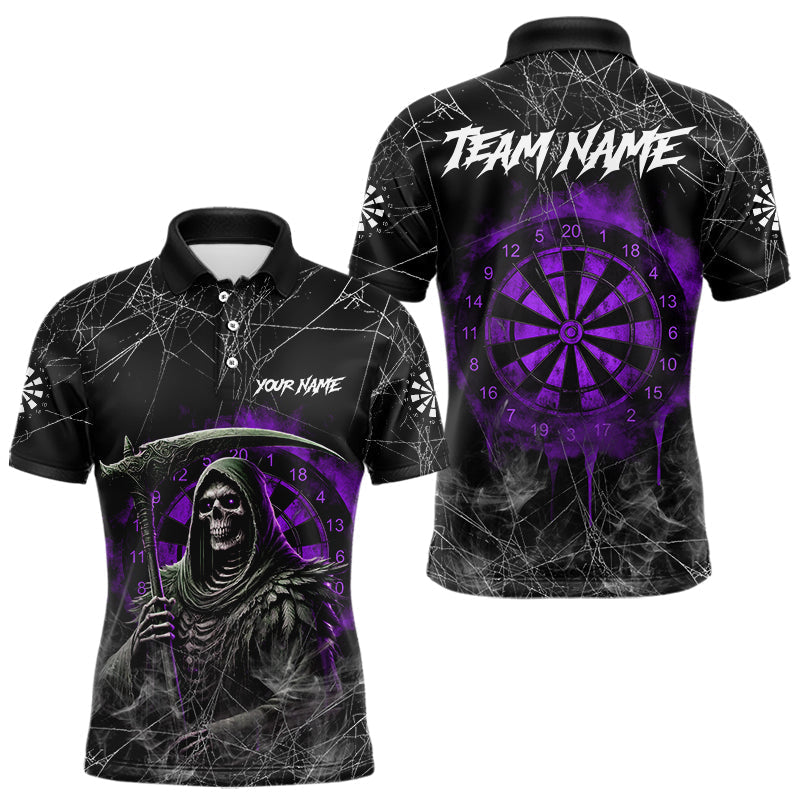 Blisscorners Black And Purple Smoke Grim Reaper Funny Dart Shirts For Men Custom Dart Jerseys, Darts Clothing