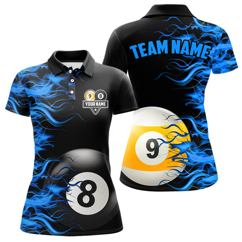 Blisscorners Blue Flaming 8 Ball & 9 Ball Billiard Shirt For Men Custom Pool Team Jersey Polo & 1/4 Zip LM1307