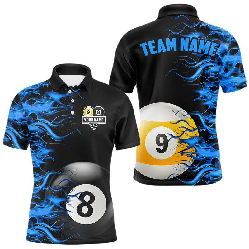 Blisscorners Blue Flaming 8 Ball & 9 Ball Billiard Shirt For Men Custom Pool Team Jersey Polo & 1/4 Zip LM1307