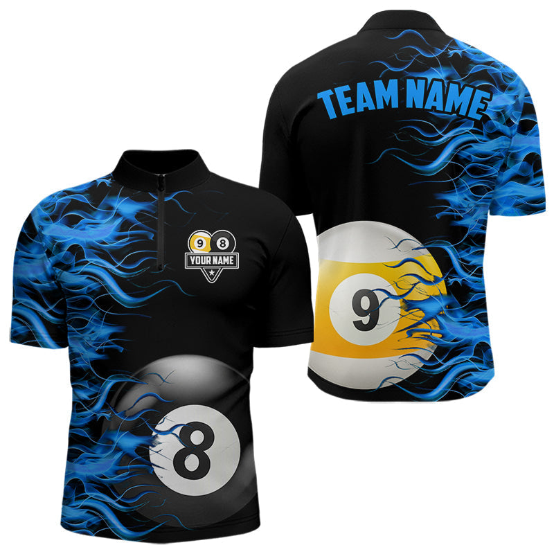 Blisscorners Blue Flaming 8 Ball & 9 Ball Billiard Shirt For Men Custom Pool Team Jersey Polo & 1/4 Zip LM1307