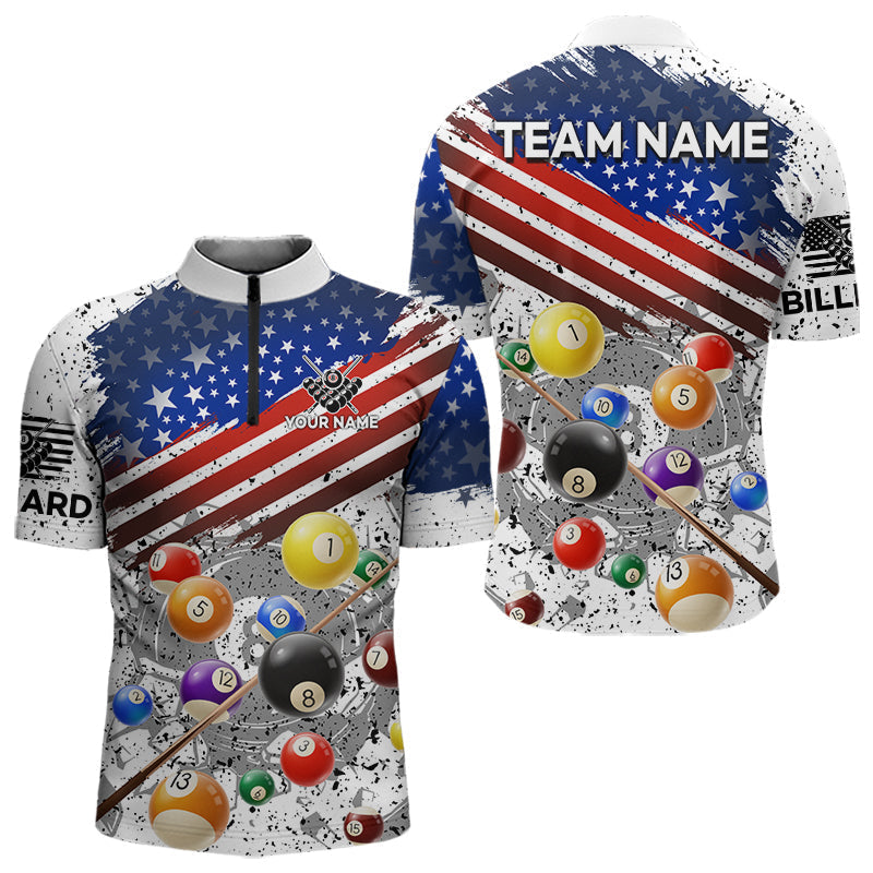 Blisscorners Personalized White Grunge American Flag Billiard Shirt For Men, Patriotic 8 Ball Pool Team Jerseys  LM2206