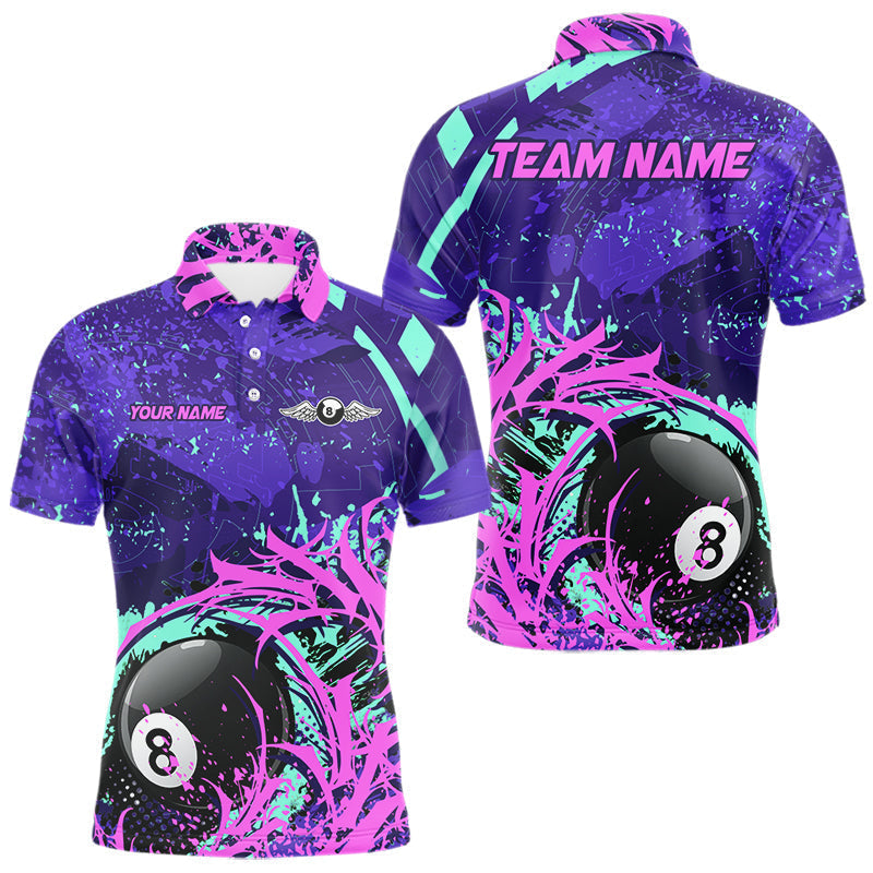 Blisscorners Personalized 8 Ball Billiard Shirt For Men | Neon Purple, Pink & Teal Paint Funny Pool Team Jersey MT2306