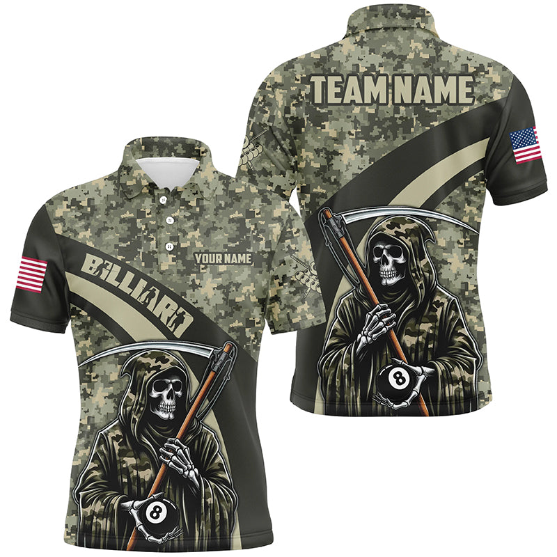 Blisscorners Personalized Death Skeleton Green Camo Billiard Shirts For Men Custom Military Billiard Jerseys
