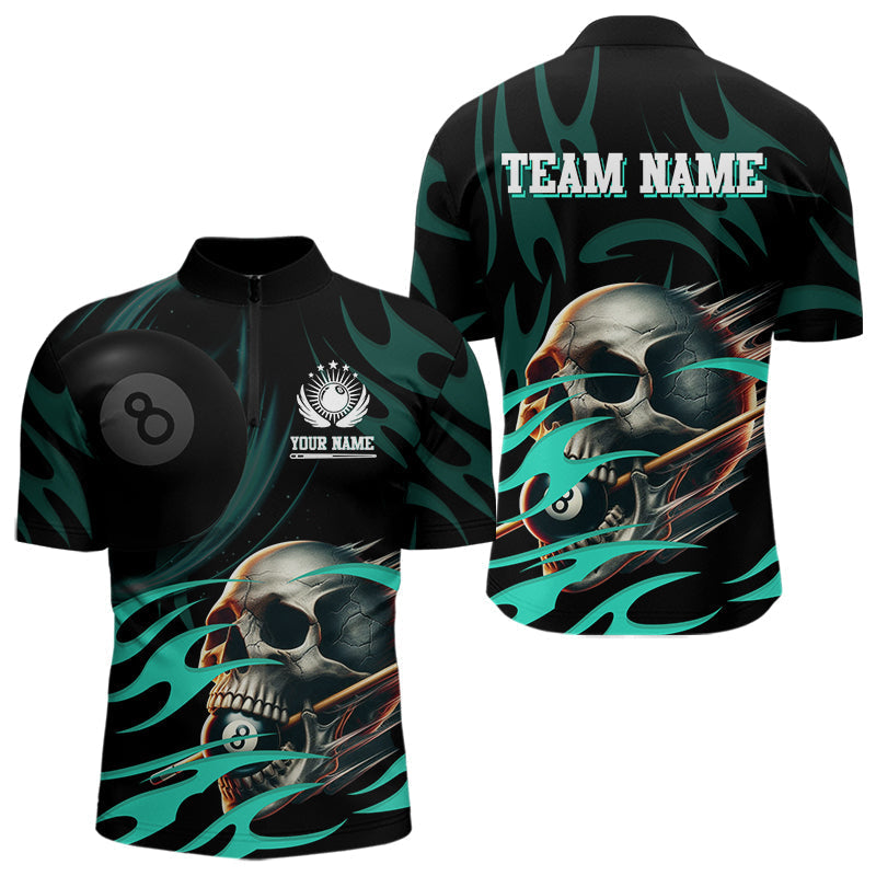 Blisscorners Turquoise Funny Skull 8 Ball Pool Shirt For Men Custom Billiard Team Jersey Polo & 1/4 Zip LM2007
