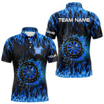 Blisscorners Personalized Blue Flaming Fire Dart Shirts With Pocket For Men Custom Dart Jersey, Darts Team Shirt