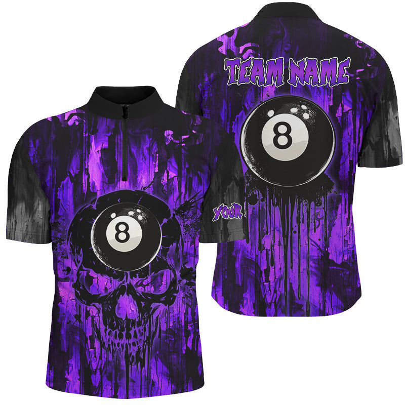 Blisscorners Personalized Black And Purple 8 Ball Melting Men Billiard Shirts, Grunge Skull Billiard Jerseys