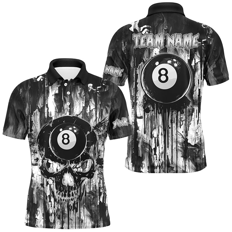 Blisscorners Personalized Black White 8 Ball Pool Melting Men Billiard Shirts, Grunge Skull Billiard Jerseys