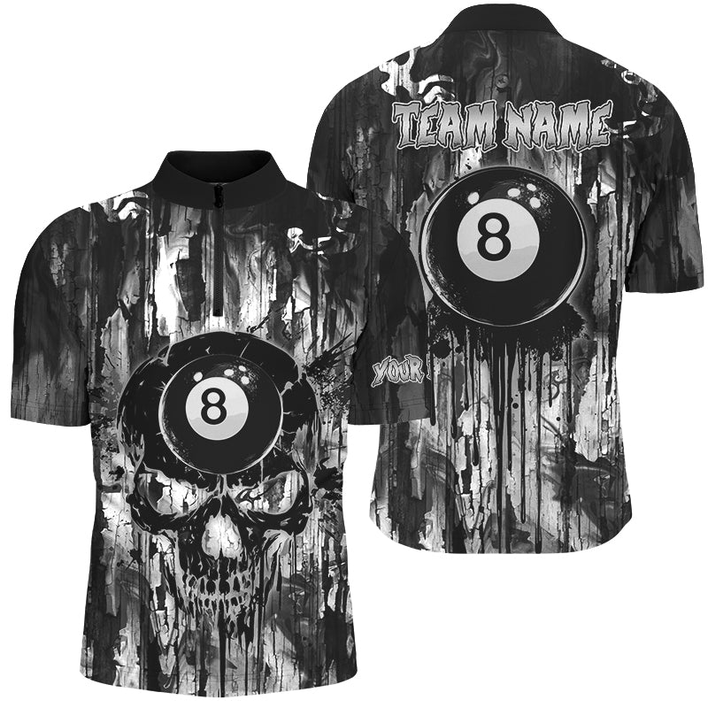 Blisscorners Personalized Black White 8 Ball Pool Melting Men Billiard Shirts, Grunge Skull Billiard Jerseys