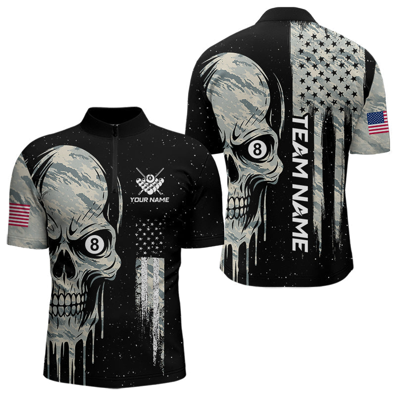 Blisscorners Grunge Camo Skull American Flag Billiard Shirt For Men Custom Patriotic 8 Ball Pool Team Jersey LM3006