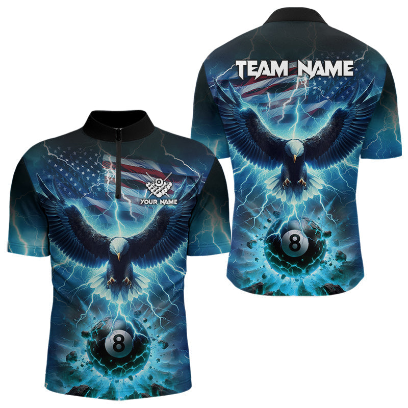 Blisscorners Blue American Flag Eagle Billiard Shirt For Men Custom 8 Ball Thunder Lightning Pool Team