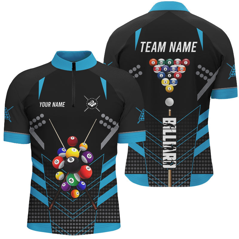 Blisscorners Black And Blue Billiard Jerseys Halftone Pattern Custom Men Billiard Shirts, Billiard Team Uniform