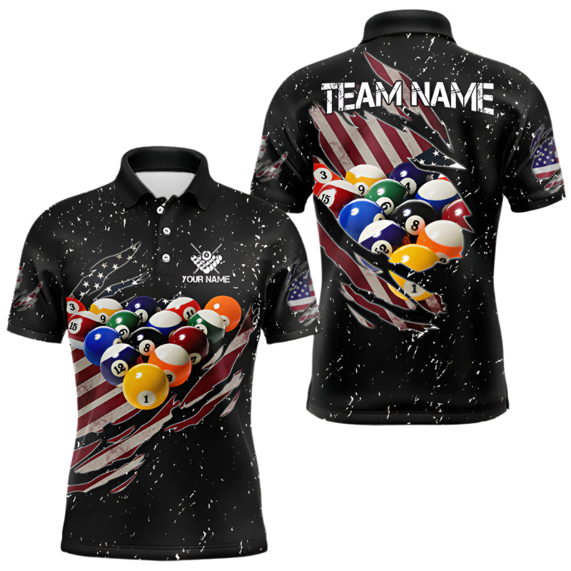 Blisscorners Patriotic American Flag Grunge Billiard Jersey For Men Custom Billiard Shirt Polo & 1/4 Zip |Black