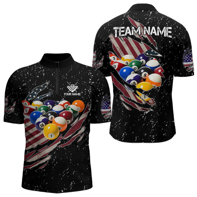 Blisscorners Patriotic American Flag Grunge Billiard Jersey For Men Custom Billiard Shirt Polo & 1/4 Zip |Black