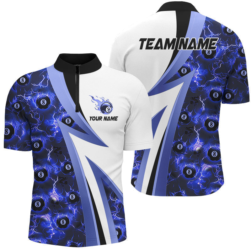 Blisscorners Personalized Lightning 8 Ball Pool Flame Pattern Men Billiard Shirts Billiard Team Jerseys |Blue