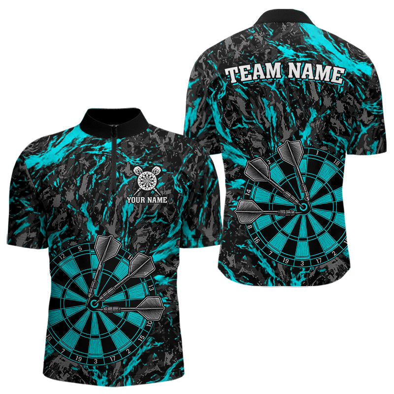 Blisscorners Custom Black And Blue Grunge Camo Dart Shirts For Men, Camouflage Dart Team Jersey Polo & 1/4 Zip