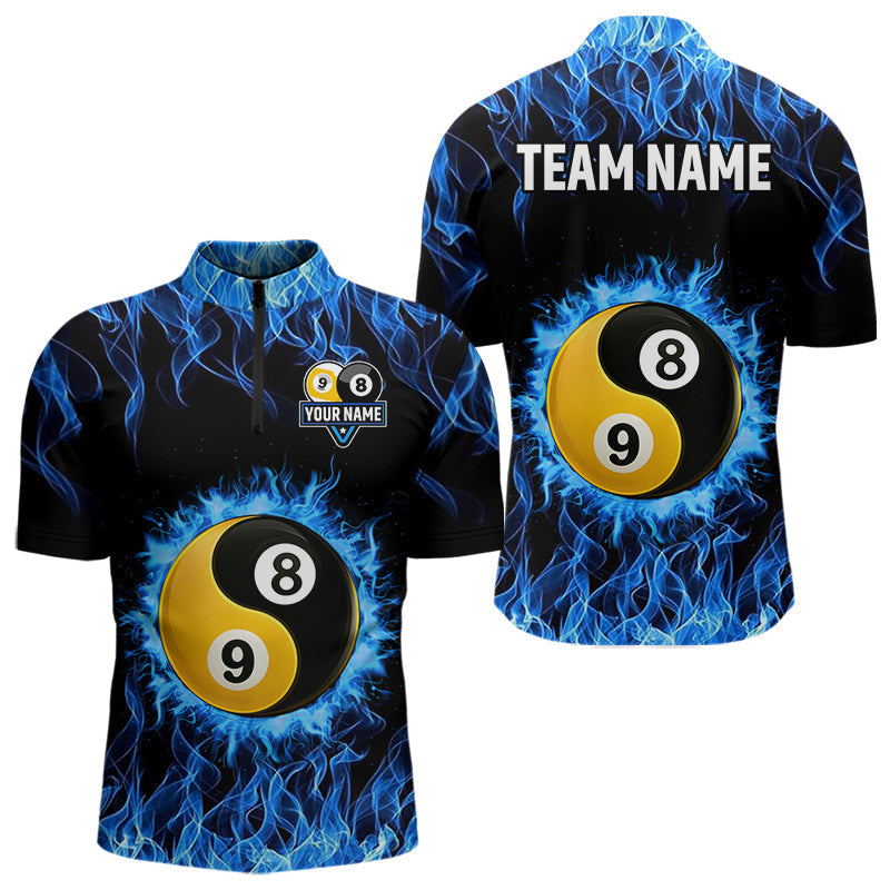 Blisscorners Personalized Blue Flaming Ying And Yang 8&9 Ball Billiard Shirt For Men Custom Billiard Jerseys